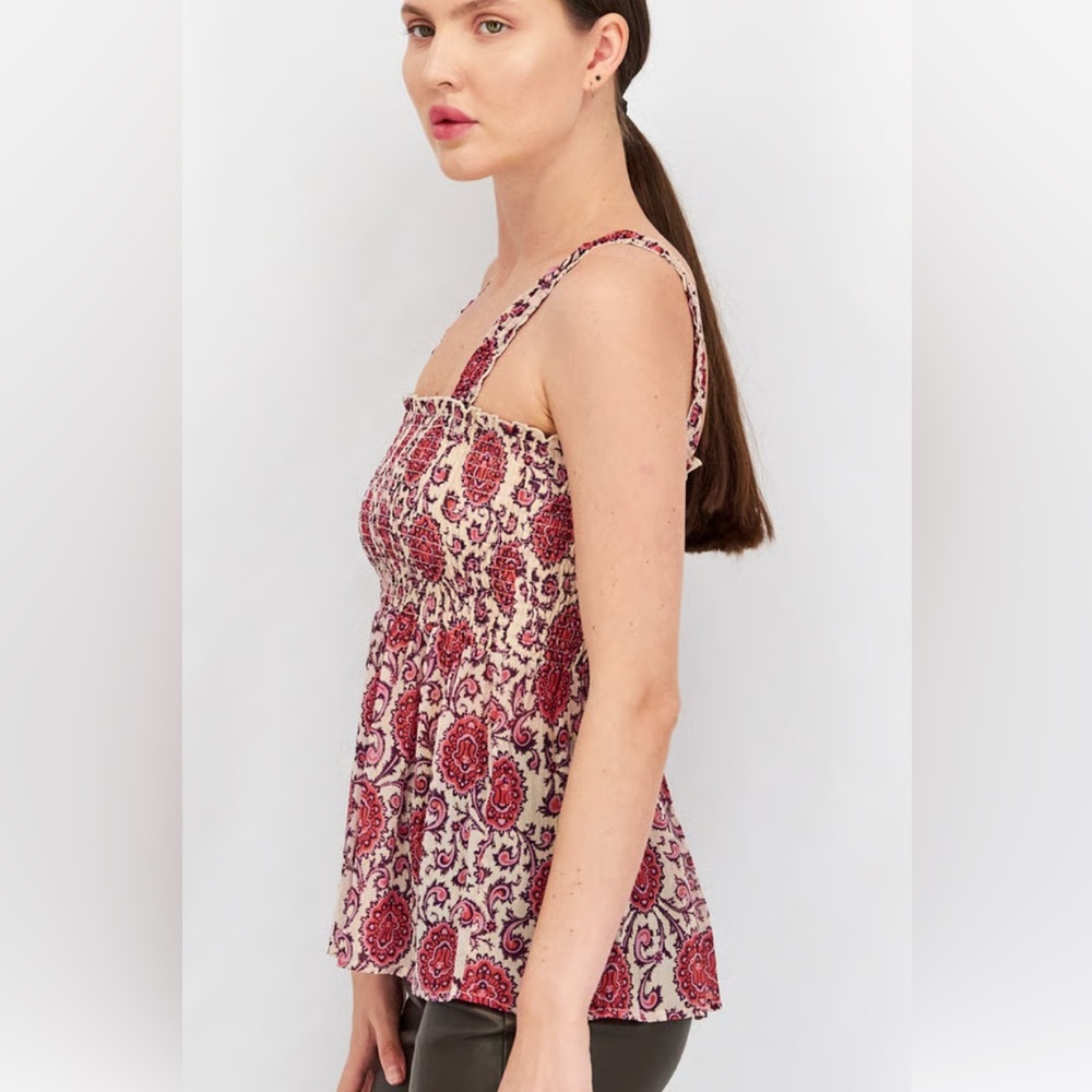 NWT Aqua Red, Pink and Cream Smocked Top with Fine Gold Treads